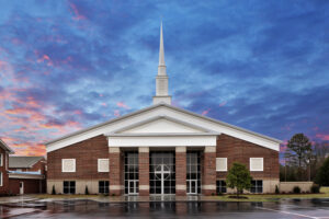 A completed church signifying the successful realization of the church construction project.
