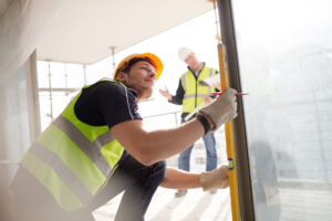A construction worker measuring a window frame at a construction site.

